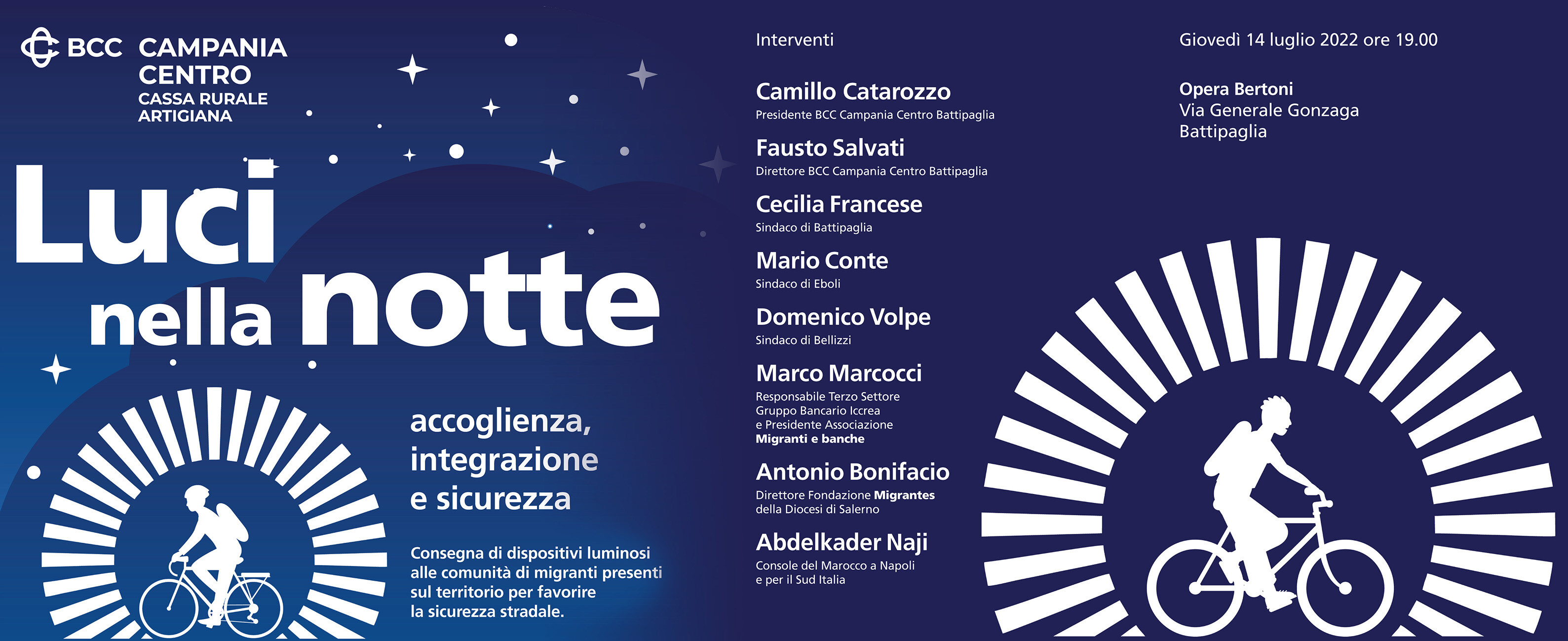 Battipaglia, il 14 luglio all’Opera Bertoni la cerimonia di consegna dei dispositivi luminosi alle comunità di migranti per favorire la sicurezza stradale