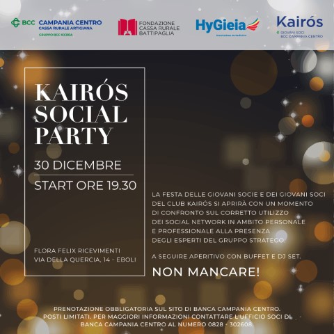 Kairòs Social Party: il 30 dicembre la festa delle Giovani Socie e dei Giovani Soci del Club Kairòs di Banca Campania Centro